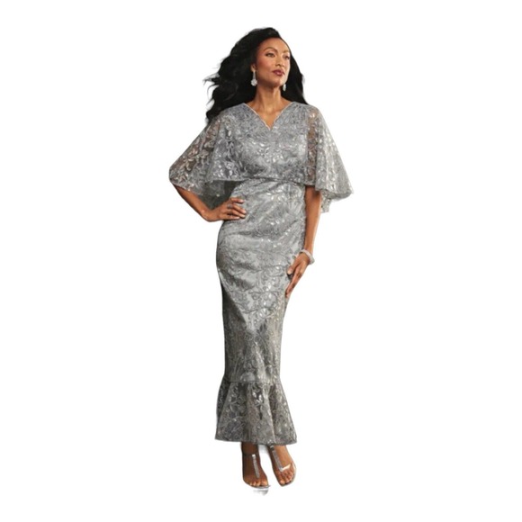 Midnight Velvet Sequin Floral Formal Gray Evening Gown Black Tie Maxi Maxi Dress - Picture 1 of 16